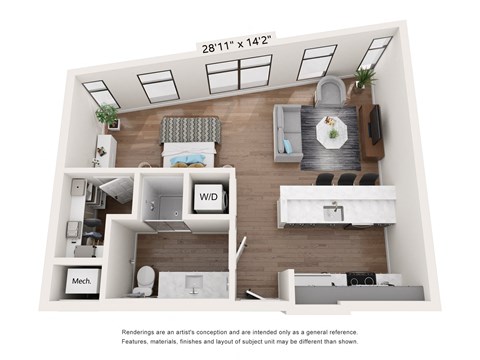 Floor plan for studio, 1 bath, 593 sqft